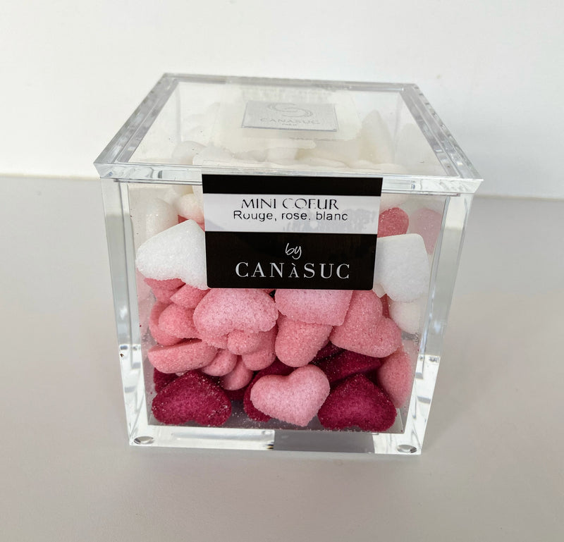 Krystallen doosje met mini hartjes rood, roze en wit 200 gr - suiker